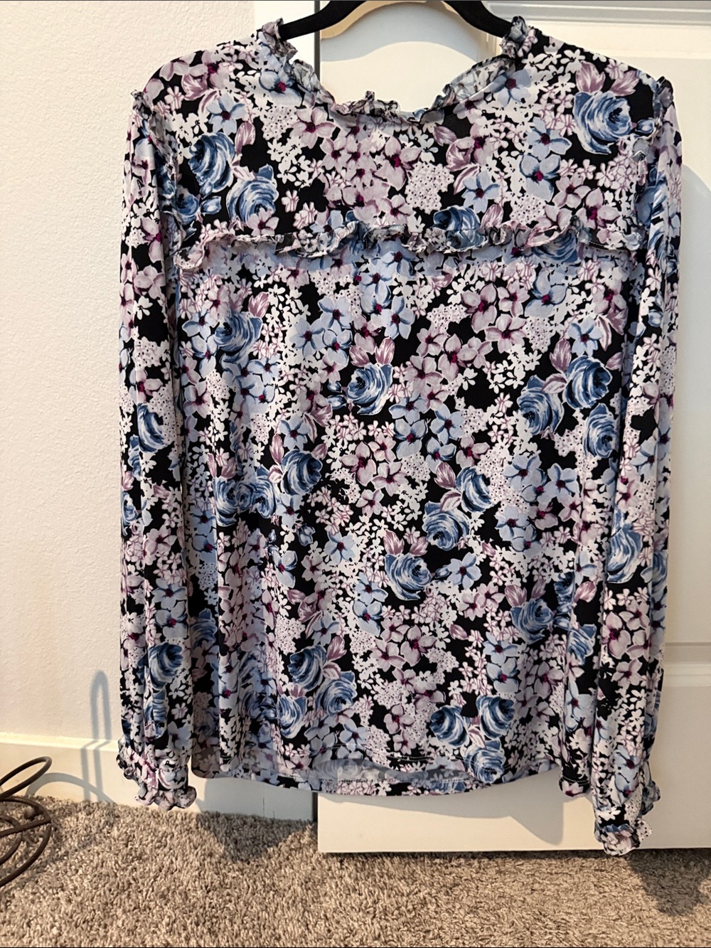 Karl Lagerfeld Floral Ruffle Blouse - Black, Blue & Pink